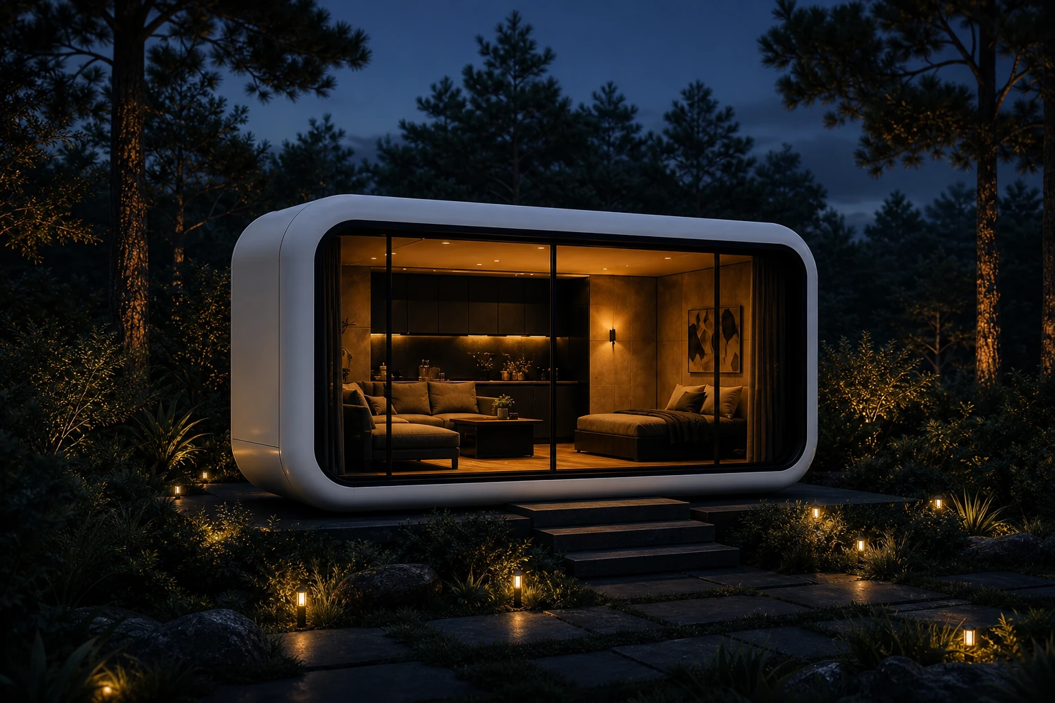 Gece bahçesinde aydınlatılmış Capsullo yaşam kapsülü mimari renderı